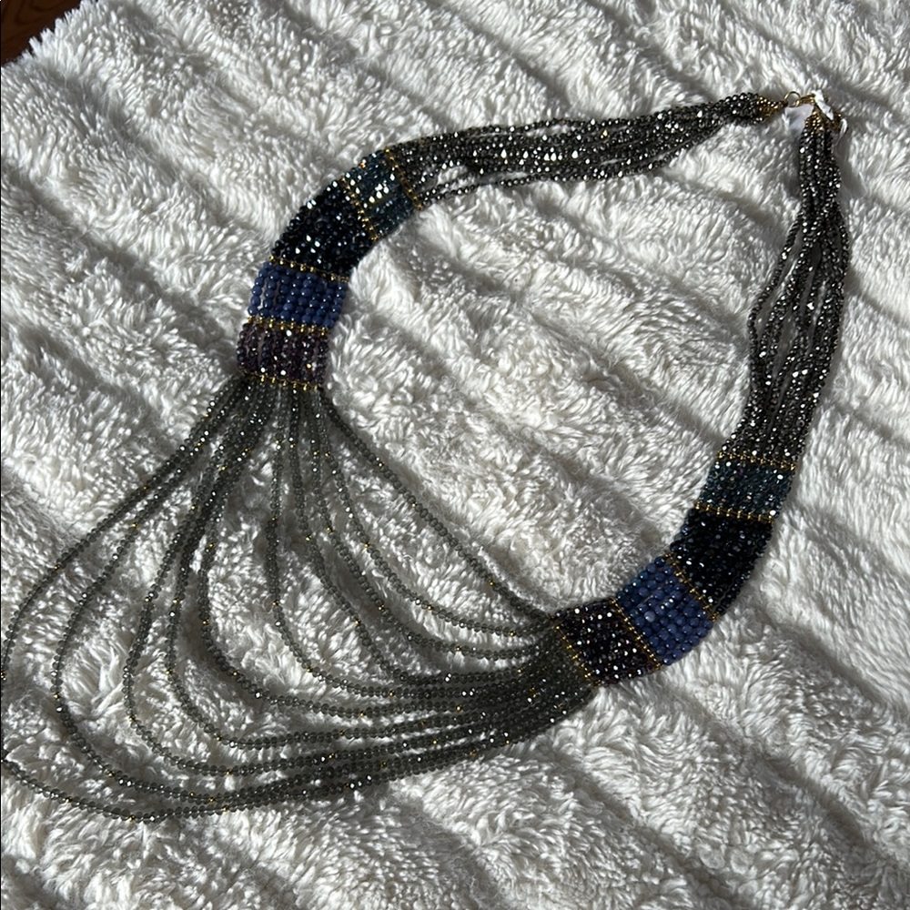 Silver and Blue Multi-Strand Necklace with Layered Design and Delicate Beads